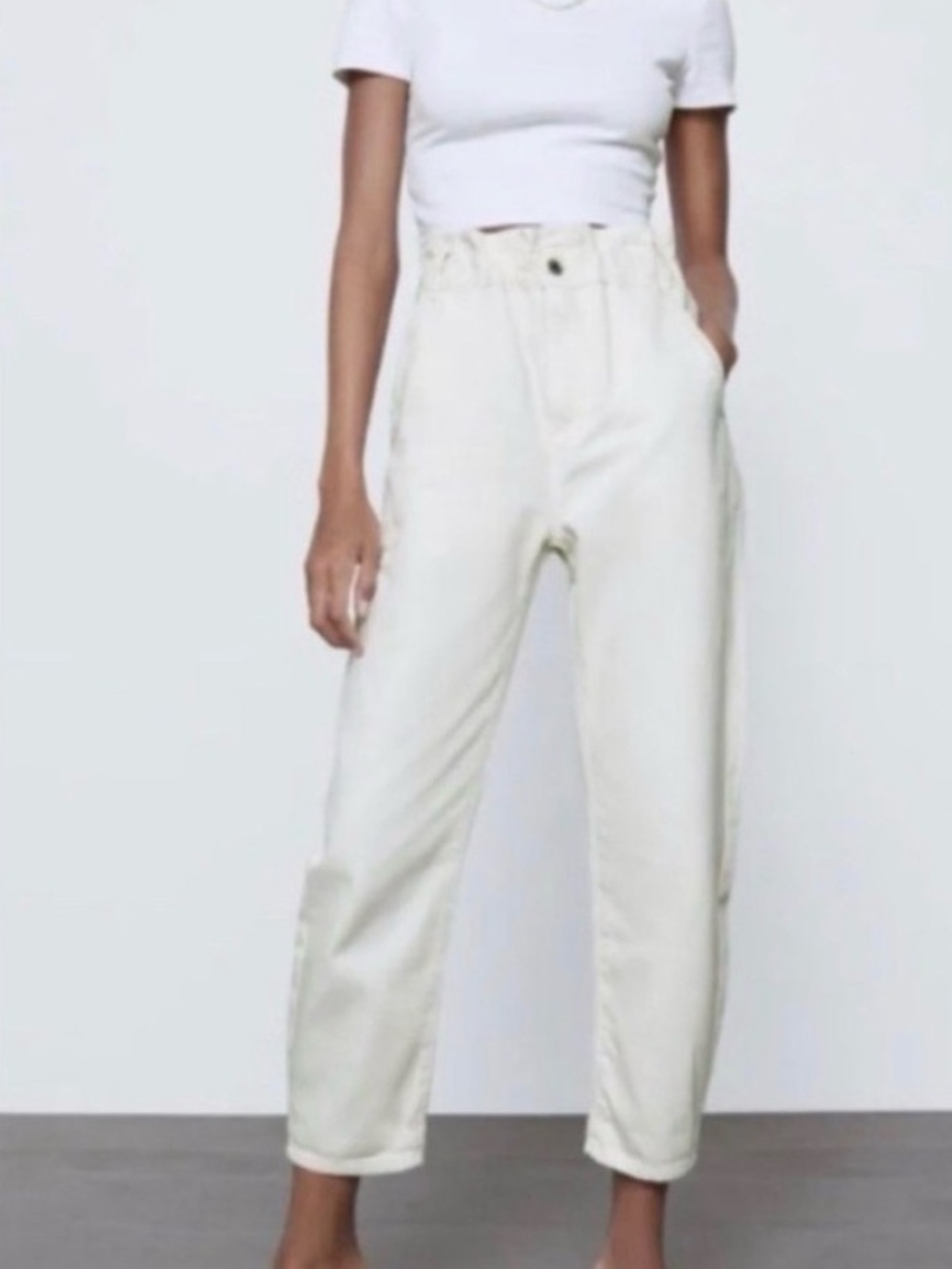 Zara Cream Paper bag High-Waist Ankle Jeans
